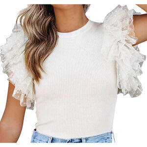 Boutique White Ribbed Knit Top Ruffled Tulle Sleeve Statement Blouse Large